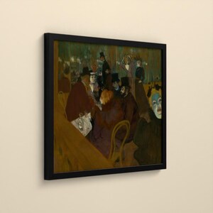 May include: A framed print of an oil painting depicting a dimly lit cafe scene with several figures in dark clothing and hats, including a person with a pale, mask-like face in the foreground, all rendered in muted brown and green tones.