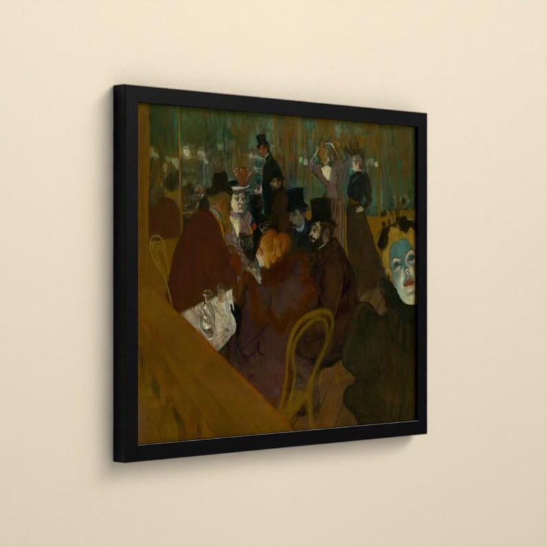 May include: A framed print of an oil painting depicting a dimly lit cafe scene with several figures in dark clothing and hats, including a person with a pale, mask-like face in the foreground, all rendered in muted brown and green tones.