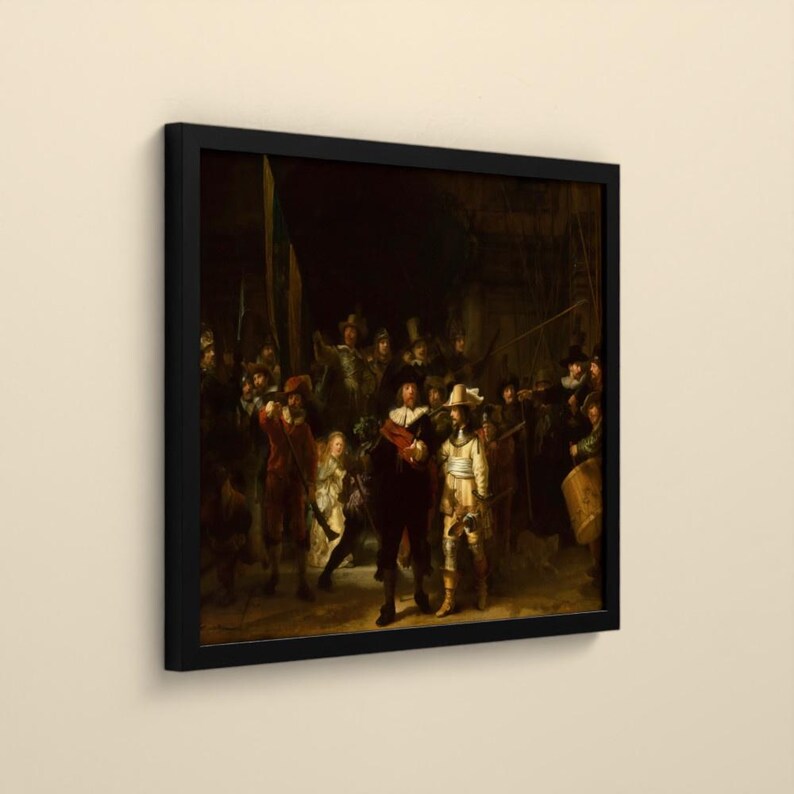 Puede incluir: Una impresi&oacute;n enmarcada de una pintura al &oacute;leo oscura con m&uacute;ltiples figuras que muestra a un grupo de personas con vestimenta hist&oacute;rica, incluyendo individuos con abrigos oscuros, sombreros y t&uacute;nicas claras, en un marco rectangular negro.