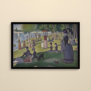 May include: A framed print of a pointillist painting depicting a park scene with numerous figures, trees, and a river in the background. People are shown relaxing on the grass, some with umbrellas, while a black dog stands in the foreground.