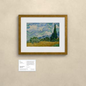 May include: A framed print of Vincent van Gogh's Wheat Field with Cypresses, featuring a golden wheat field, dark green cypress trees, and a swirling blue sky. Below the frame is a white informational card with black text.
