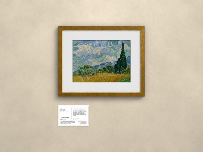 May include: A framed print of Vincent van Gogh's Wheat Field with Cypresses, featuring a golden wheat field, dark green cypress trees, and a swirling blue sky. Below the frame is a white informational card with black text.