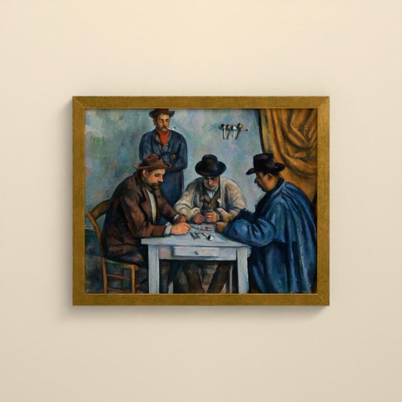 May include: A framed oil painting depicting four individuals gathered around a white table. Three figures are seated, wearing hats and dark coats, while one figure stands behind them. The scene features muted blue and brown tones.