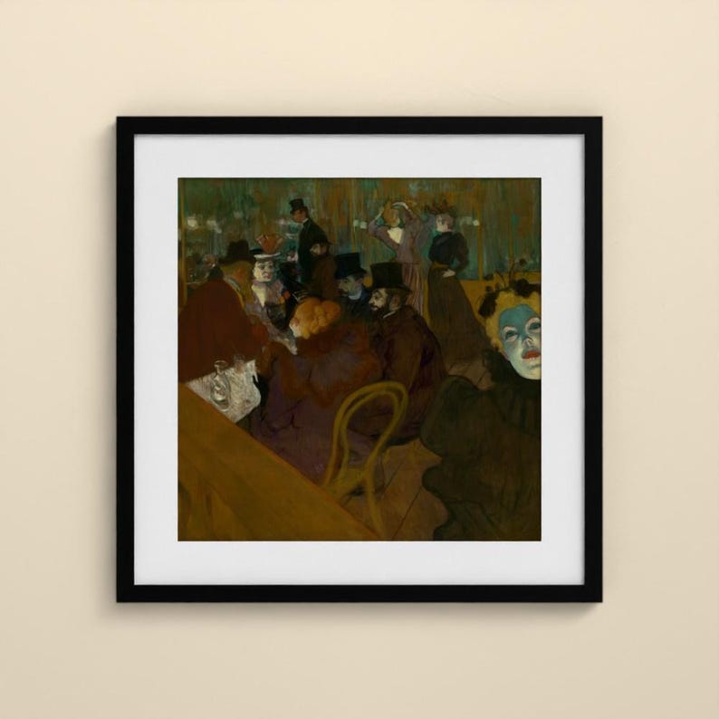 May include: A framed art print depicting a dimly lit cafe scene with several figures in dark clothing and top hats. A prominent figure in the foreground features a pale, mask-like face with blue accents, set against a muted, earthy color palette.