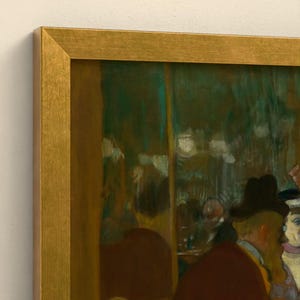 May include: A framed painting featuring a dark, moody interior scene with figures in hats. The artwork is enclosed in a metallic gold frame with a smooth, flat finish, highlighting the deep green, brown, and muted tones of the oil painting.