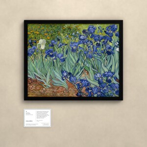 May include: A framed print of Vincent van Gogh's Irises painting, featuring vibrant blue irises with green foliage and a single white iris, set against a yellow background. Below the artwork is a small white informational placard.
