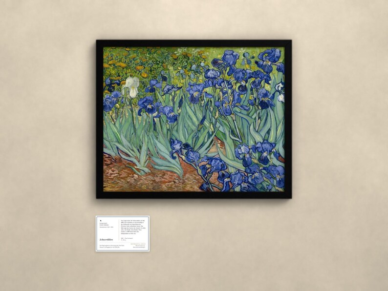 May include: A framed print of Vincent van Gogh's Irises painting, featuring vibrant blue irises with green foliage and a single white iris, set against a yellow background. Below the artwork is a small white informational placard.