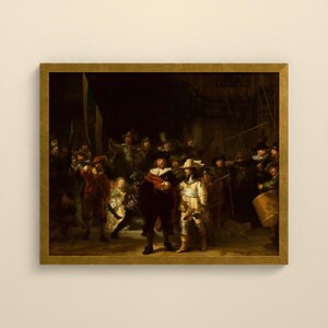 Puede incluir: Una pintura al &oacute;leo enmarcada que representa a un grupo de figuras con vestimenta del siglo XVII, incluyendo hombres con abrigos oscuros y sombreros, una figura central con t&uacute;nica amarilla y un ni&ntilde;o peque&ntilde;o, sobre un fondo oscuro.