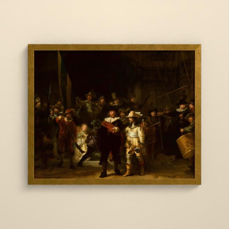 Puede incluir: Una pintura al &oacute;leo enmarcada que representa a un grupo de figuras con vestimenta del siglo XVII, incluyendo hombres con abrigos oscuros y sombreros, una figura central con t&uacute;nica amarilla y un ni&ntilde;o peque&ntilde;o, sobre un fondo oscuro.