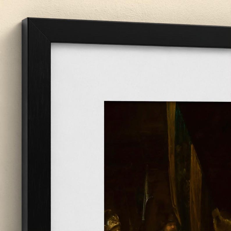 May include: A framed art print featuring a dark, moody painting with deep brown and gold tones, encased in a sleek black wooden frame with a wide white mat border that provides a clean contrast to the shadowed imagery within the frame.