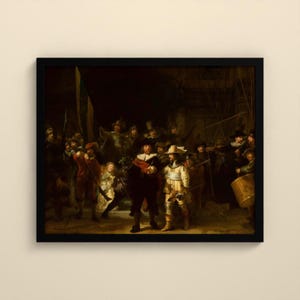 Puede incluir: Una impresi&oacute;n enmarcada de La ronda de noche de Rembrandt, una pintura al &oacute;leo que representa a un grupo de figuras con vestimenta del siglo XVII, incluido un capit&aacute;n central de negro con una faja roja y un teniente de amarillo, sobre un fondo oscuro.