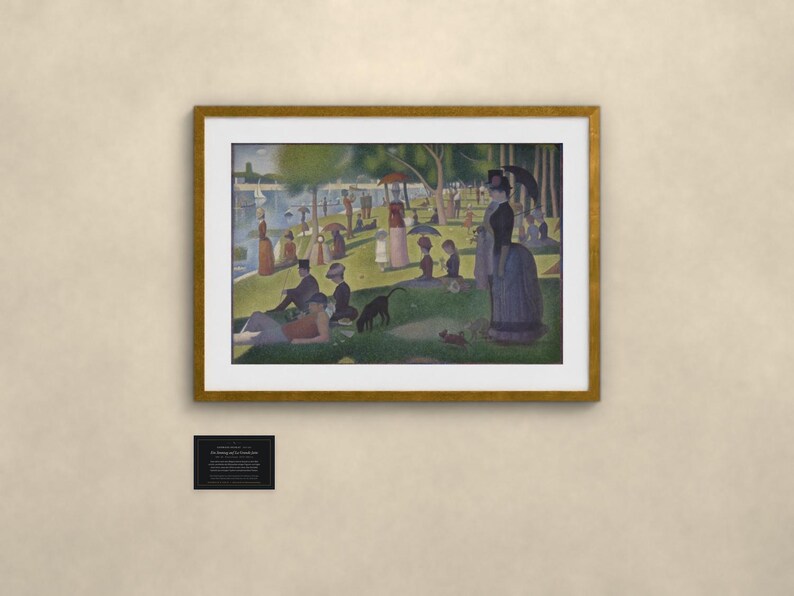 Puede incluir: Una impresi&oacute;n enmarcada de la obra de Georges Seurat, Tarde de domingo en la isla de la Grande Jatte, con figuras en un parque, un perro y un mono. Debajo del marco hay una peque&ntilde;a placa negra con texto blanco que detalla la obra.
