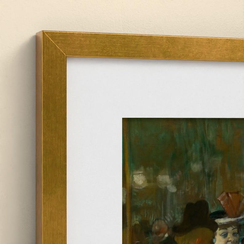 May include: A framed art print featuring a textured gold-colored frame and a white mat board. The visible portion of the artwork displays a dark, moody scene with green tones, indistinct figures, and a person wearing a hat in the lower right corner.