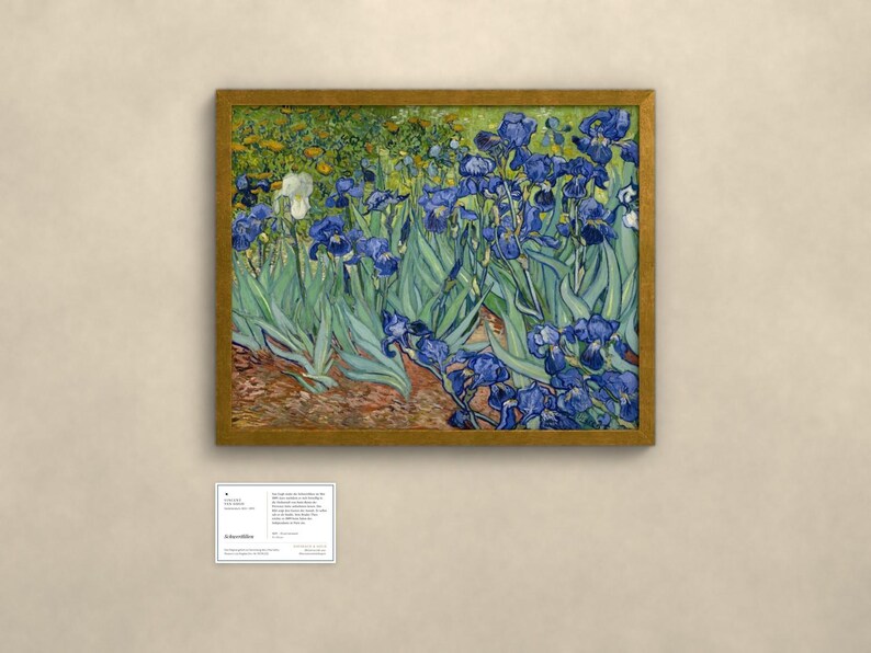 May include: A framed print of Vincent van Gogh's Irises painting featuring vibrant blue flowers with green foliage and a single white iris, displayed with an accompanying informational placard containing text about the artwork.