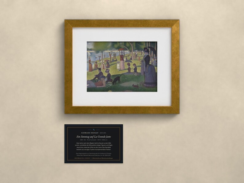 May include: A framed print of Georges Seurat's A Sunday on La Grande Jatte, featuring a park scene with figures, trees, and water. Below the gold-toned frame is a black informational card with white text detailing the artwork's history.