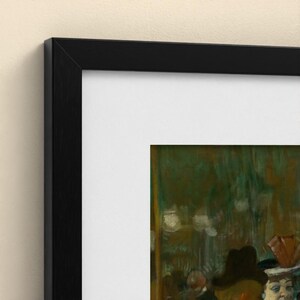 May include: A framed art print featuring a dark, moody painting with deep green and brown tones. The artwork is encased in a sleek, black wooden frame with a wide white mat border, providing a clean contrast to the textured, painterly scene.