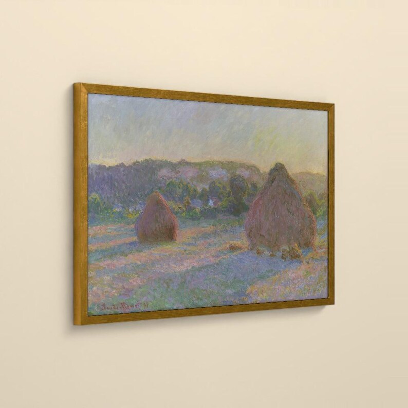 May include: A framed landscape painting featuring two large haystacks in a field under a soft, hazy sky. The scene uses a palette of muted purples, blues, and golden yellows, with visible brushstrokes and the signature Claude Monet 91.