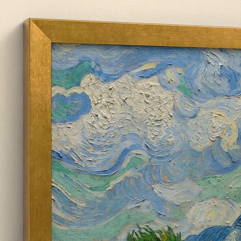 May include: A framed oil painting featuring thick, textured impasto brushstrokes in shades of light blue, white, and seafoam green. The artwork is encased in a metallic gold frame with a flat, smooth finish and sharp, angled corners.