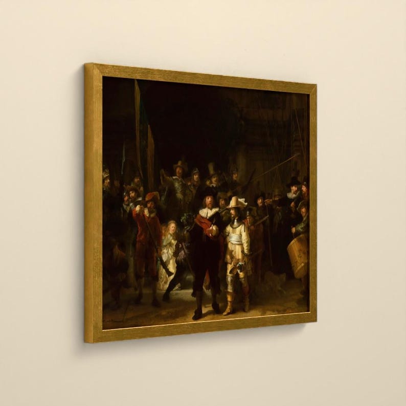 Puede incluir: Un &oacute;leo enmarcado que representa a un grupo de figuras con vestimenta del siglo XVII, incluyendo individuos con abrigos oscuros, una persona con chaqueta amarilla brillante y un ni&ntilde;o peque&ntilde;o, sobre un fondo oscuro y sombreado.