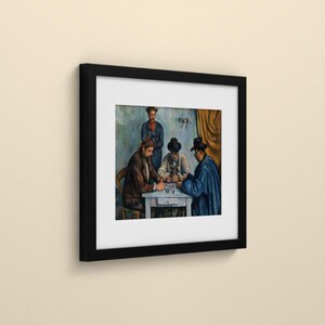 May include: A framed art print depicting a painting of four individuals gathered around a small table. Three figures are seated wearing hats and dark coats, while one figure stands behind them. The scene features muted blue, brown, and gold tones.