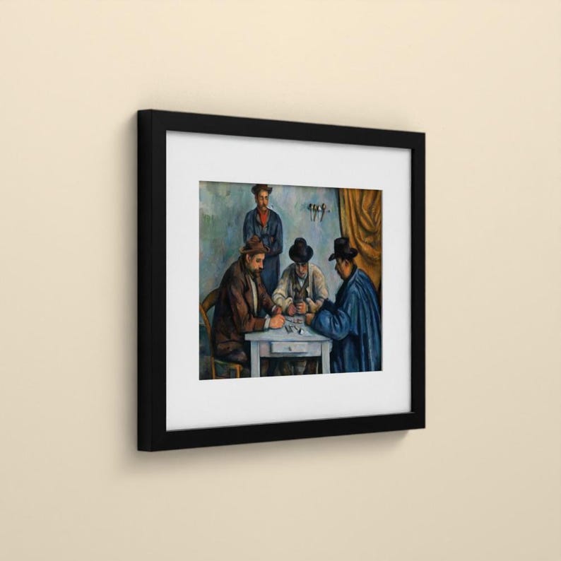 May include: A framed art print depicting a painting of four individuals gathered around a small table. Three figures are seated wearing hats and dark coats, while one figure stands behind them. The scene features muted blue, brown, and gold tones.