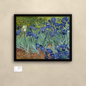 May include: A framed print of Vincent van Gogh's Irises painting, featuring a dense cluster of deep blue irises with long green leaves and a single white iris, set against a background of yellow flowers and brown earth.