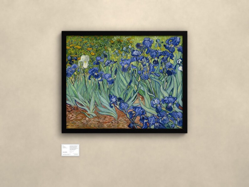 May include: A framed print of Vincent van Gogh's Irises painting, featuring a dense cluster of deep blue irises with long green leaves and a single white iris, set against a background of yellow flowers and brown earth.