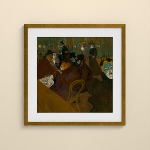 May include: A framed print of an oil painting depicting a dimly lit cafe scene with several figures in dark clothing and top hats. A prominent figure in the foreground wears a white mask with blue accents, while others sit at tables.