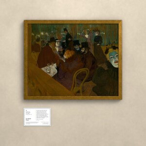 May include: A framed oil painting depicting a dimly lit interior scene with several figures in dark clothing and top hats seated at tables. In the foreground, a person with a pale, mask-like face and dark hair is visible on the right side.