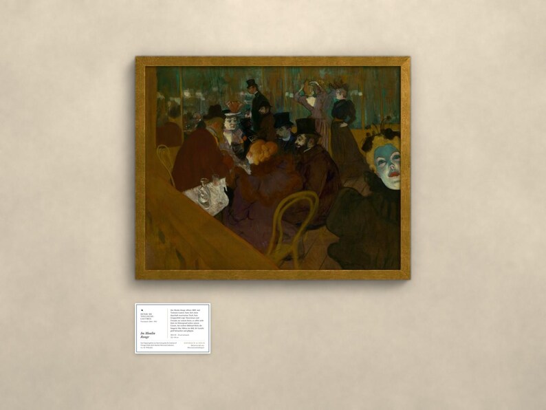 May include: A framed oil painting depicting a dimly lit interior scene with several figures in dark clothing and top hats seated at tables. In the foreground, a person with a pale, mask-like face and dark hair is visible on the right side.