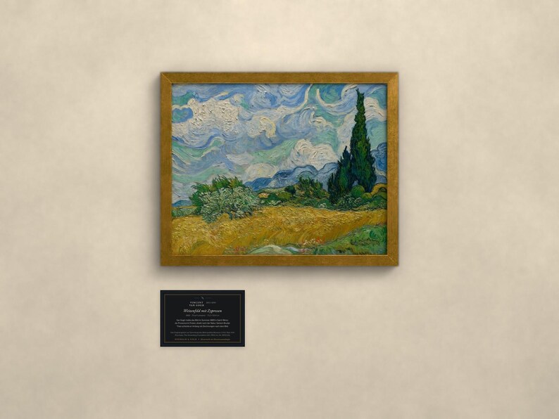 May include: A framed oil painting reproduction of Vincent van Gogh's Wheat Field with Cypresses, featuring a golden wheat field, a tall dark green cypress tree, and a swirling blue sky. Below the painting is a small black informational plaque.