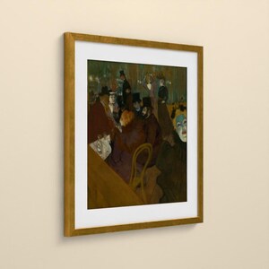 May include: A framed art print featuring a dark, moody painting of a crowded cafe scene with figures in hats and formal attire, including a prominent face with white makeup in the foreground, all enclosed in a gold-toned wooden frame.