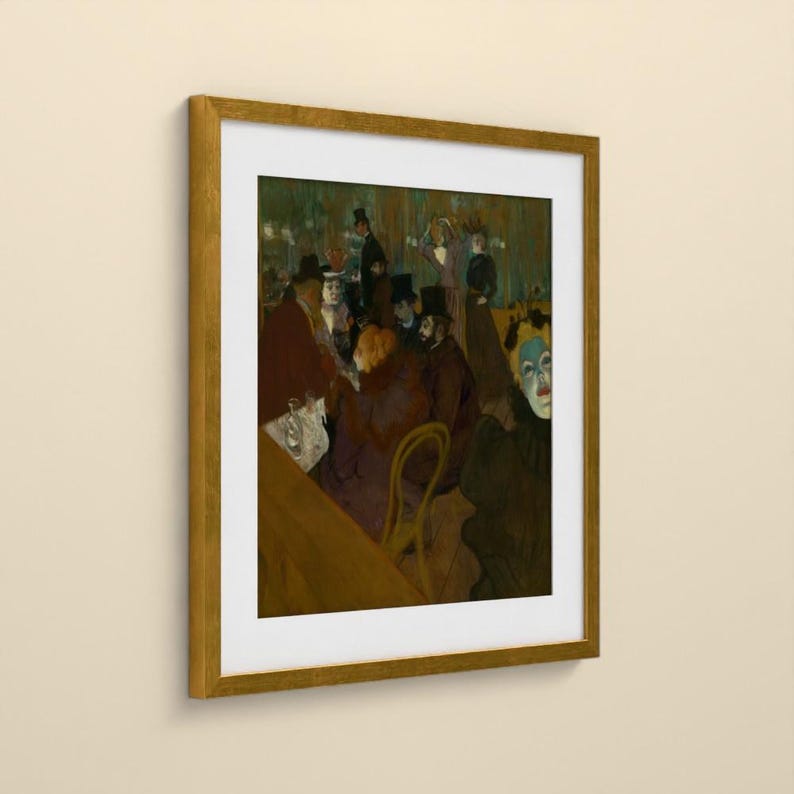 May include: A framed art print featuring a dark, moody painting of a crowded cafe scene with figures in hats and formal attire, including a prominent face with white makeup in the foreground, all enclosed in a gold-toned wooden frame.