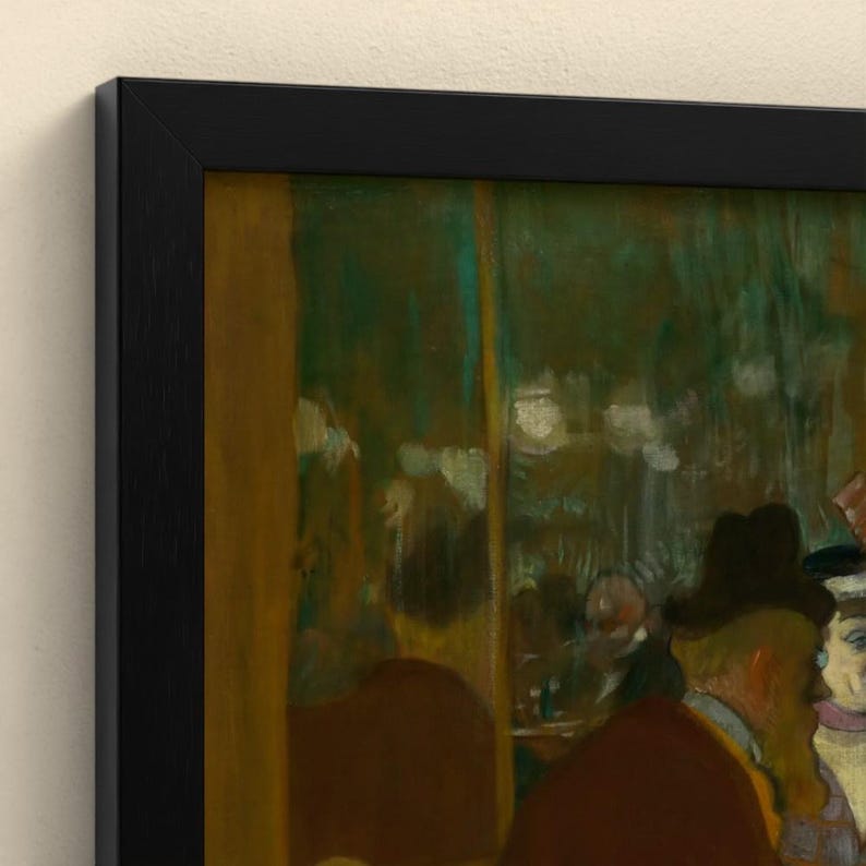 May include: A framed art print featuring a dark, moody painting with deep brown, muted green, and shadowy tones. The composition shows indistinct figures in a dimly lit interior setting, enclosed within a simple, thin black frame.