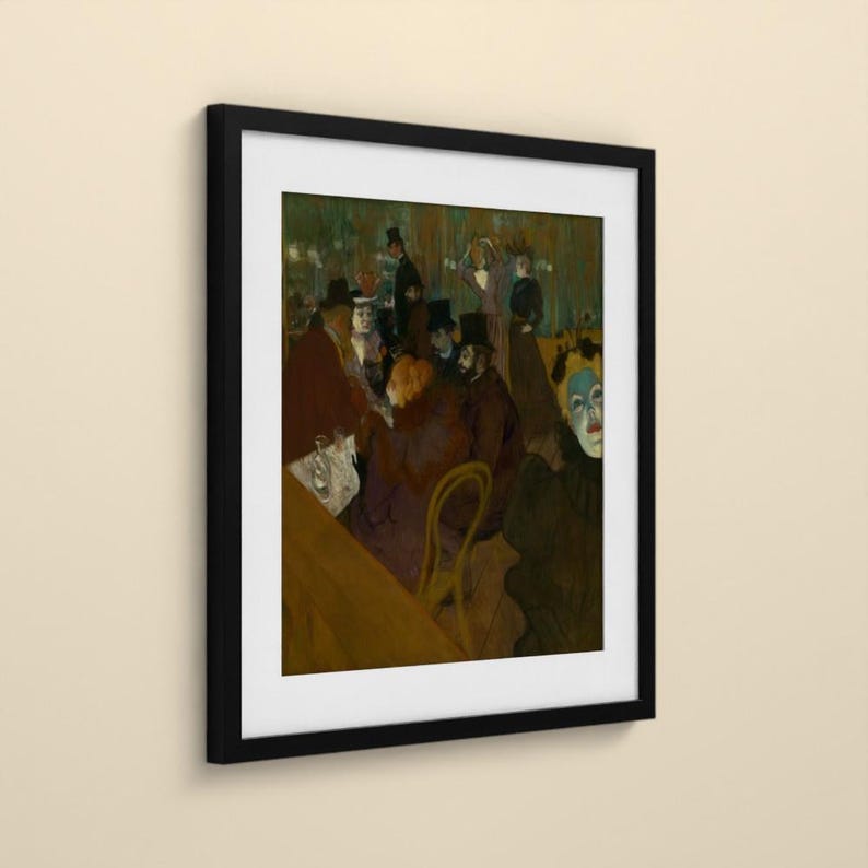 May include: A framed art print featuring a dark, moody painting of a crowded cafe scene with figures in formal attire, including top hats and a prominent face with blue and white makeup in the foreground, all set within a black frame.