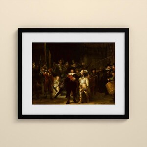 May include: A framed art print of Rembrandt's The Night Watch, featuring a group of figures in 17th-century attire, including a central captain in black with a red sash and a lieutenant in yellow, set against a dark, shadowed background.