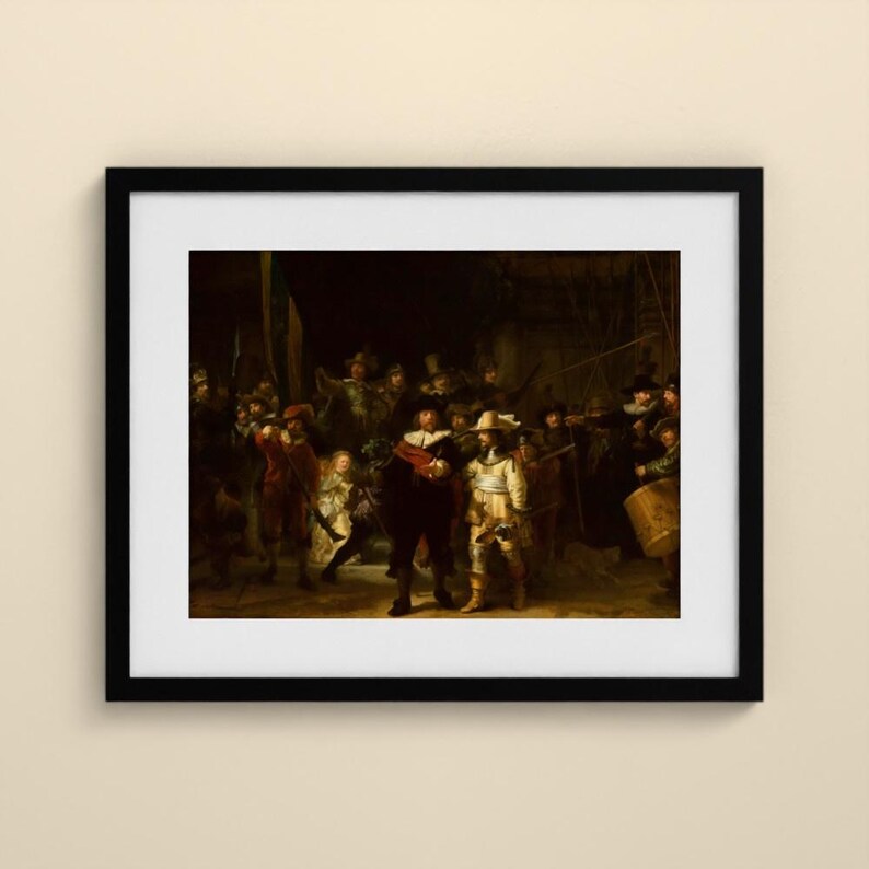 May include: A framed art print of Rembrandt's The Night Watch, featuring a group of figures in 17th-century attire, including a central captain in black with a red sash and a lieutenant in yellow, set against a dark, shadowed background.