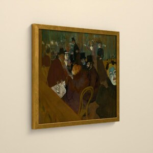 May include: A framed oil painting depicting a dimly lit interior scene with several figures in dark clothing and hats gathered around tables. A prominent figure with a pale blue face mask is visible in the foreground on the right side.