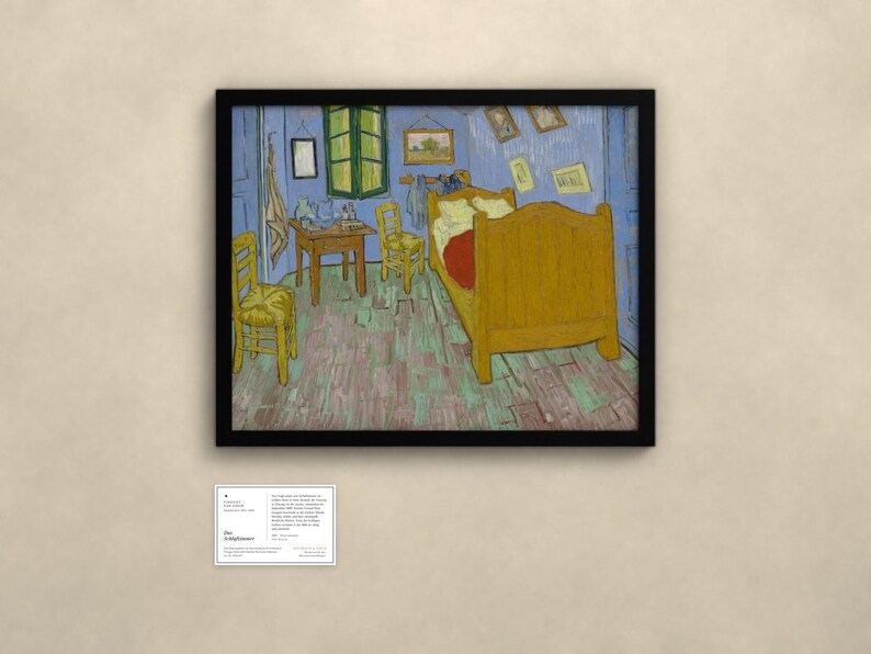 May include: A framed print of Vincent van Gogh's Bedroom in Arles painting, featuring a yellow bed, two wooden chairs, a small table, and blue walls, displayed with an informational placard below it on a neutral wall.