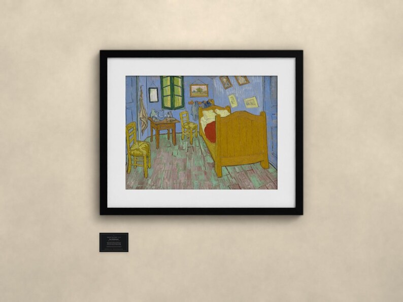 May include: A framed art print depicting a bedroom scene with a yellow bed, two yellow chairs, a wooden table, and blue walls. The painting features a green window, several small framed pictures on the wall, and a red blanket on the bed.