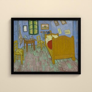 May include: A framed print of a painting depicting a bedroom with blue walls and a wooden floor. The room contains a large yellow bed, two yellow chairs, a wooden table, and several framed pictures hanging on the walls. The scene is rendered in a post-impressionist style with visible brushstrokes and vibrant colors.