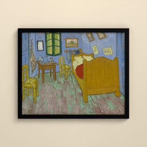 May include: A framed print of a painting depicting a bedroom with blue walls and a wooden floor. The room contains a large yellow bed, two yellow chairs, a wooden table, and several framed pictures hanging on the walls. The scene is rendered in a post-impressionist style with visible brushstrokes and vibrant colors.