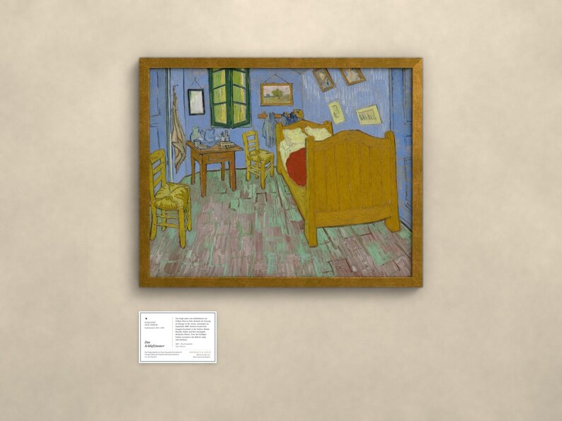 May include: A framed painting of a bedroom with blue walls, a yellow wooden bed, two yellow chairs, and a small wooden table. The floor is light brown with green accents. Several small framed pictures hang on the wall near a green window.