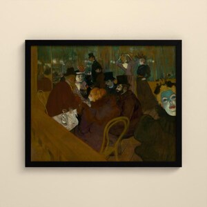 May include: A framed art print depicting a dimly lit cafe scene with several figures in dark clothing and hats. A prominent figure in the foreground wears white face makeup with blue accents, while others sit at tables with glassware.