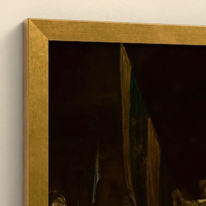 Puede incluir: Una pintura al &oacute;leo enmarcada que presenta una composici&oacute;n oscura y melanc&oacute;lica con tonos marrones y negros profundos. La obra est&aacute; encerrada en un marco de metal dorado con un perfil angular limpio, resaltando el contraste con el lienzo.