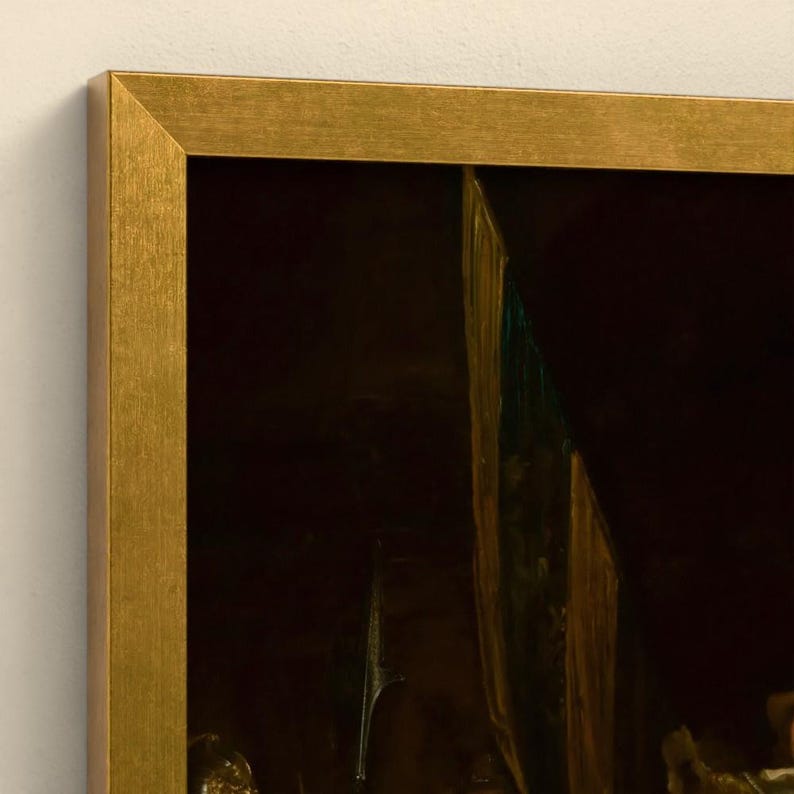 Puede incluir: Una pintura al &oacute;leo enmarcada que presenta una composici&oacute;n oscura y melanc&oacute;lica con tonos marrones y negros profundos. La obra est&aacute; encerrada en un marco de metal dorado con un perfil angular limpio, resaltando el contraste con el lienzo.