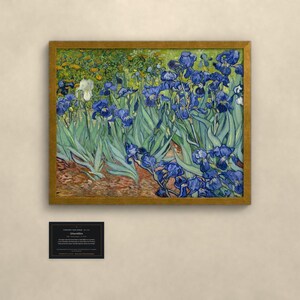 May include: A framed print of Vincent van Gogh's Irises painting, featuring deep blue flowers with green foliage and a single white iris. The artwork is enclosed in a gold-toned frame and accompanied by a small black informational plaque below.