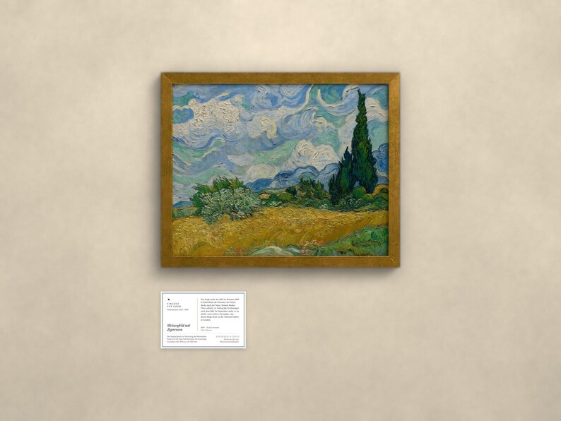 May include: A framed reproduction of Vincent van Gogh's Wheat Field with Cypresses painting, featuring a golden wheat field, a tall dark green cypress tree, and a swirling blue sky. Below the painting is a white informational card with text.