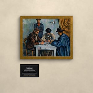 May include: A framed oil painting depicting four men playing cards at a white table. Three men are seated wearing hats and dark coats, while one man stands behind them. Below the painting is a black rectangular plaque with white text.