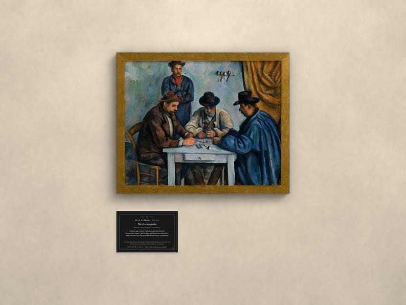 May include: A framed oil painting depicting four men playing cards at a white table. Three men are seated wearing hats and dark coats, while one man stands behind them. Below the painting is a black rectangular plaque with white text.